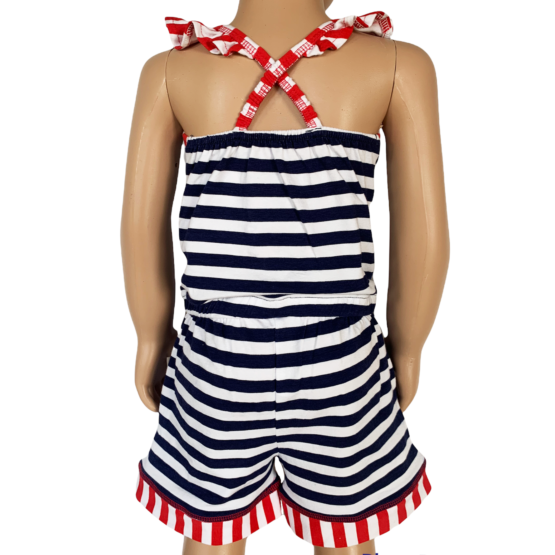 AnnLoren Girls Anchors Away Nautical Jumpsuit featuring criss-cross straps, elastic waist, and pockets, perfect for summer wear.